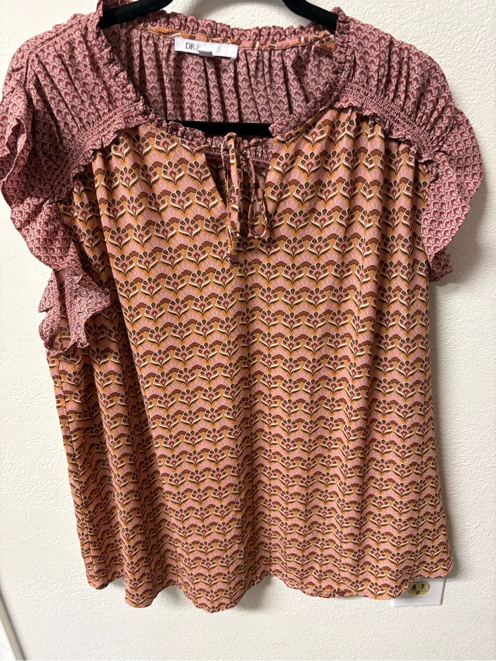 DR2 Pink & Tan Floral-Print Ruffle Shoulder Blouse